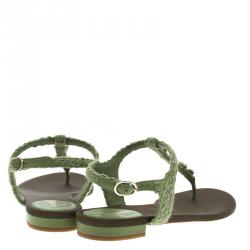 Pre Owned Chanel Green Embellished Tweed Fabric T-Strap Thong Sandals Size 38