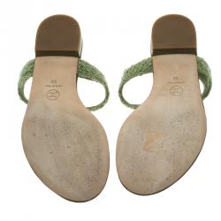 Pre Owned Chanel Green Embellished Tweed Fabric T-Strap Thong Sandals Size 38