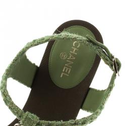 Pre Owned Chanel Green Embellished Tweed Fabric T-Strap Thong Sandals Size 38