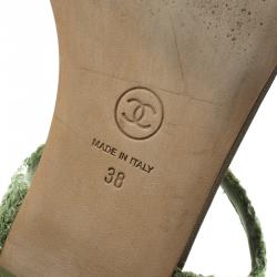 Pre Owned Chanel Green Embellished Tweed Fabric T-Strap Thong Sandals Size 38