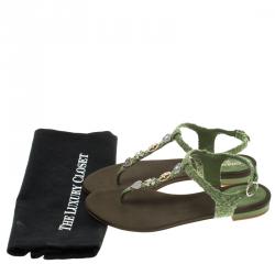 Pre Owned Chanel Green Embellished Tweed Fabric T-Strap Thong Sandals Size 38