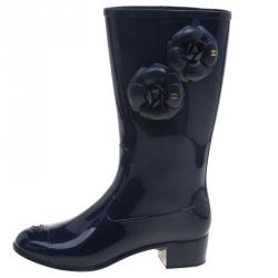 Chanel Navy Blue PVC Camellia Rain Boots Size 39