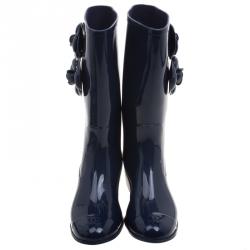 Chanel Navy Blue PVC Camellia Rain Boots Size 39