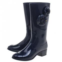 Chanel Navy Blue PVC Camellia Rain Boots Size 39