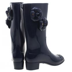 Chanel Navy Blue PVC Camellia Rain Boots Size 39
