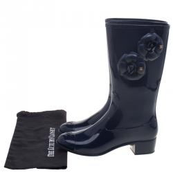 Chanel Navy Blue PVC Camellia Rain Boots Size 39