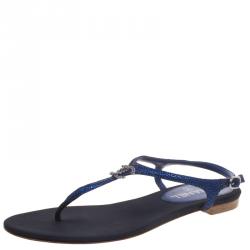 Chanel Metallic Blue Suede CC Embellished T Strap Thong Sandals Size 38.5