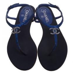 Chanel Metallic Blue Suede CC Embellished T Strap Thong Sandals Size 38.5