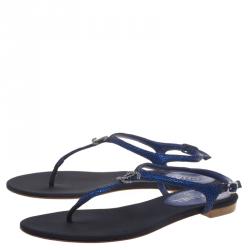 Chanel Metallic Blue Suede CC Embellished T Strap Thong Sandals Size 38.5