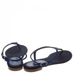 Chanel Metallic Blue Suede CC Embellished T Strap Thong Sandals Size 38.5