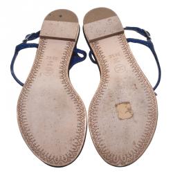 Chanel Metallic Blue Suede CC Embellished T Strap Thong Sandals Size 38.5