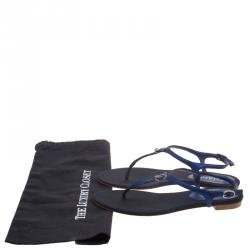 Chanel Metallic Blue Suede CC Embellished T Strap Thong Sandals Size 38.5