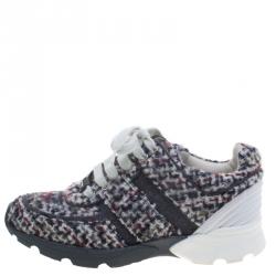 مملوكة مسبقًا Chanel Grey Tweed and Leather Lace Up  Sneakers Size 36.5