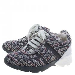 مملوكة مسبقًا Chanel Grey Tweed and Leather Lace Up  Sneakers Size 36.5