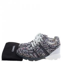 مملوكة مسبقًا Chanel Grey Tweed and Leather Lace Up  Sneakers Size 36.5