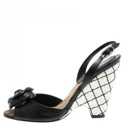 Chanel Black Leather Camellia Slingback Cork Wedge Heel Sandals Size 36.5