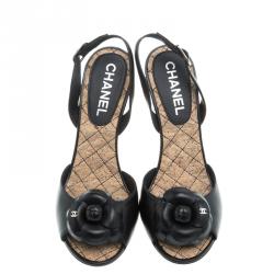 Chanel Black Leather Camellia Slingback Cork Wedge Heel Sandals Size 36.5