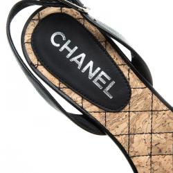 Chanel Black Leather Camellia Slingback Cork Wedge Heel Sandals Size 36.5