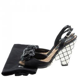Chanel Black Leather Camellia Slingback Cork Wedge Heel Sandals Size 36.5