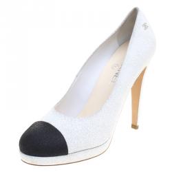 Pre Owned حذاء كعب عالي شانيل بنعل سميك مقدمة جلد مشقق مونوكرومي مقاس 40.5