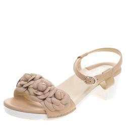 Pre Owned Chanel Beige Leather Camellia Embellished Ankle Strap Sandals Size 38