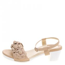 Pre Owned Chanel Beige Leather Camellia Embellished Ankle Strap Sandals Size 38