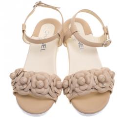 Pre Owned Chanel Beige Leather Camellia Embellished Ankle Strap Sandals Size 38