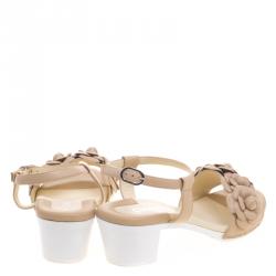 Pre Owned Chanel Beige Leather Camellia Embellished Ankle Strap Sandals Size 38