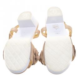 Pre Owned Chanel Beige Leather Camellia Embellished Ankle Strap Sandals Size 38