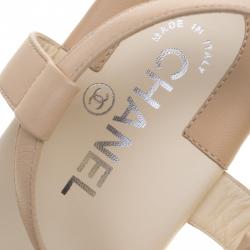Pre Owned Chanel Beige Leather Camellia Embellished Ankle Strap Sandals Size 38