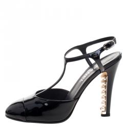 Pre Owned Chanel Black Patent Leather Pearl Embellished Heel T-Strap Sandals Size 40