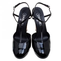 Pre Owned Chanel Black Patent Leather Pearl Embellished Heel T-Strap Sandals Size 40