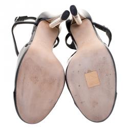 Pre Owned Chanel Black Patent Leather Pearl Embellished Heel T-Strap Sandals Size 40