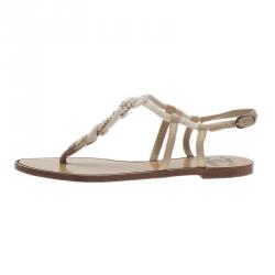 Pre Owned Chanel White Pearl and Lace Thong Sandals Size 38.5