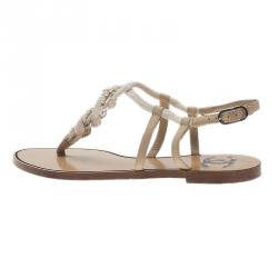 Pre Owned Chanel White Pearl and Lace Thong Sandals Size 38.5