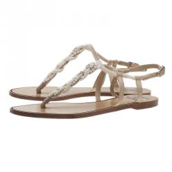 Pre Owned Chanel White Pearl and Lace Thong Sandals Size 38.5
