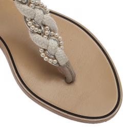 Pre Owned Chanel White Pearl and Lace Thong Sandals Size 38.5