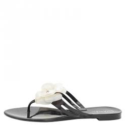 Chanel Chanel White Camellia Black Jelly Sandals Made in Italy Size