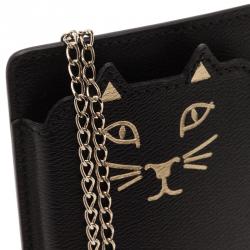 Pre Owned Charlotte Olympia Black Leather Feline iPhone 6 Case with Chain