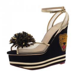 Charlotte Olympia Black Suede Team Spirit Varsity Wedge Sandals Size 37