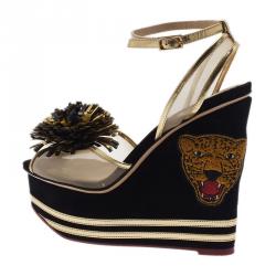 Charlotte Olympia Black Suede Team Spirit Varsity Wedge Sandals Size 37