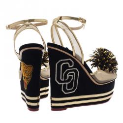 Charlotte Olympia Black Suede Team Spirit Varsity Wedge Sandals Size 37