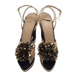 Charlotte Olympia Black Suede Team Spirit Varsity Wedge Sandals Size 37
