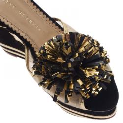 Charlotte Olympia Black Suede Team Spirit Varsity Wedge Sandals Size 37