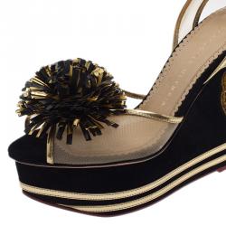 Charlotte Olympia Black Suede Team Spirit Varsity Wedge Sandals Size 37