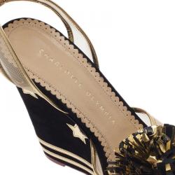 Charlotte Olympia Black Suede Team Spirit Varsity Wedge Sandals Size 37
