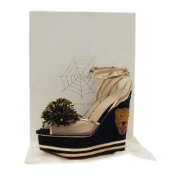 Charlotte Olympia Black Suede Team Spirit Varsity Wedge Sandals Size 37