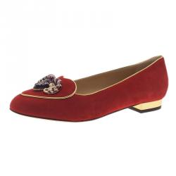 Charlotte Olympia Red Suede Aries Smoking Slippers Size 36.5