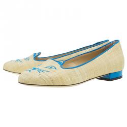 Pre Owned Charlotte Olympia Beige and Blue Raffia Kitty Flats Size 39