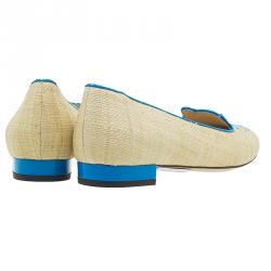 Pre Owned Charlotte Olympia Beige and Blue Raffia Kitty Flats Size 39